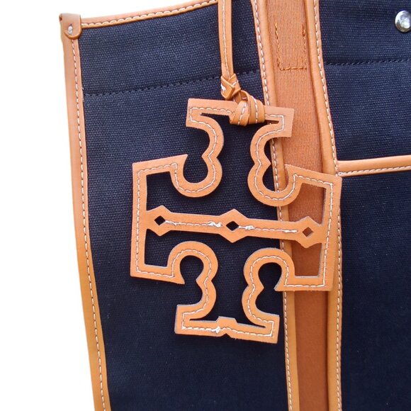 Tory Burch NEW Black & Tan Twill Tote Bag w removable interior Pouch $398 - Picture 3 of 11